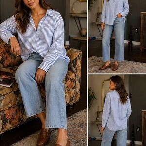 Anne Klein Blue White Striped Button-Down Shirt